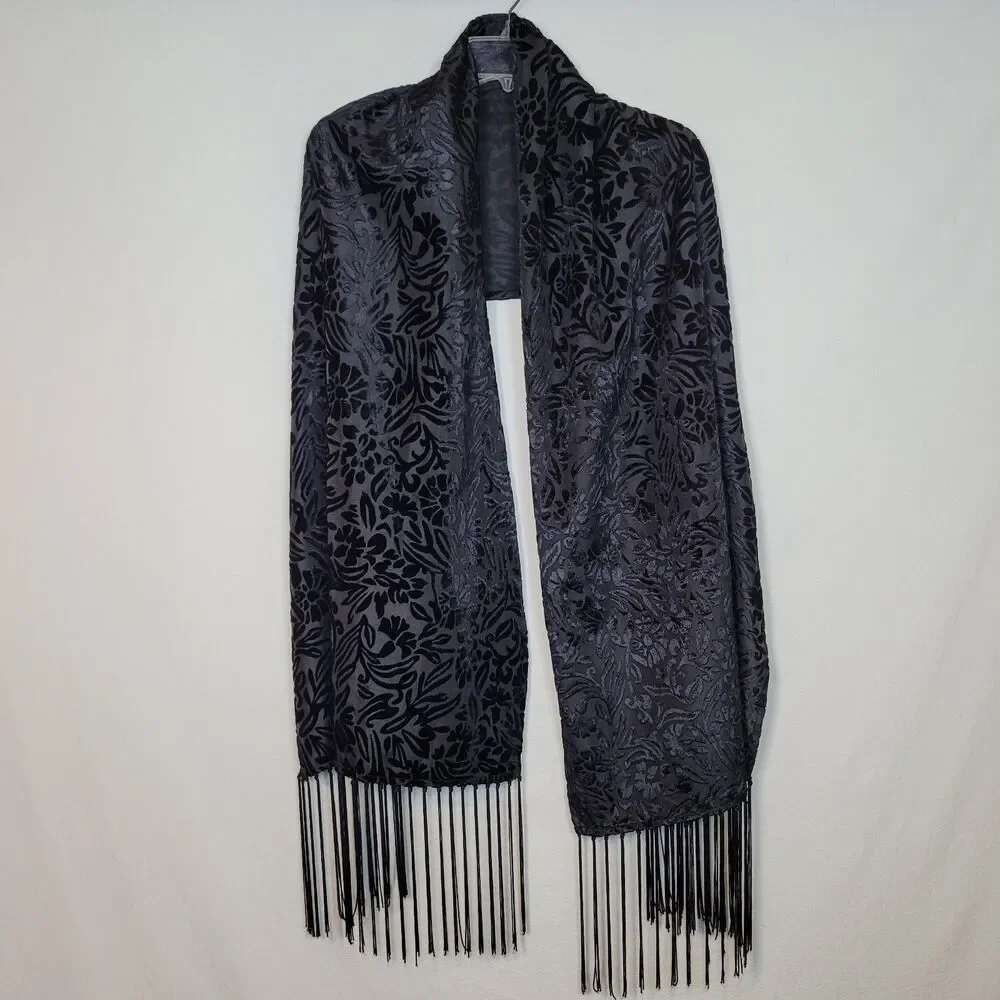 Black Velvet Burnout Floral Fringe Scarf Shawl Boho Gothic Whimsigoth 72x21.5